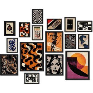 16 PCS Framed Retro 70s Wall Art Decor, Eclectic Vintage Wall Prints for Bedroom